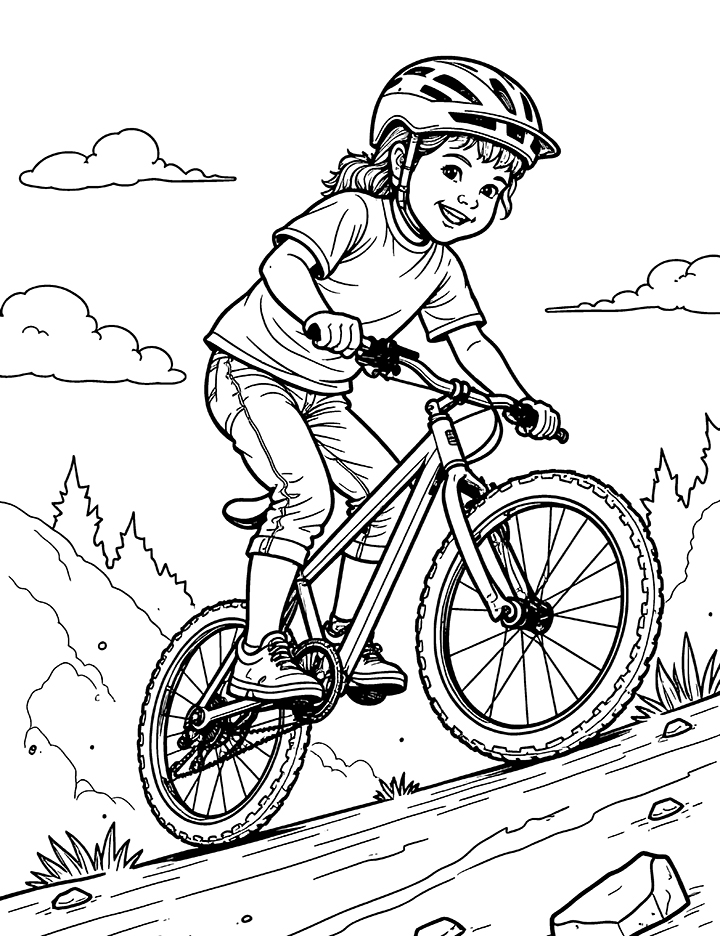 Biking on mountain coloring page