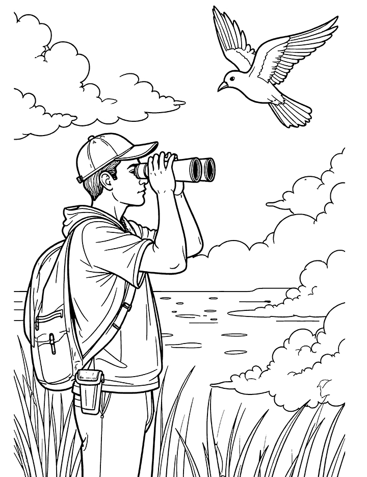 Bird watching coloring page 2