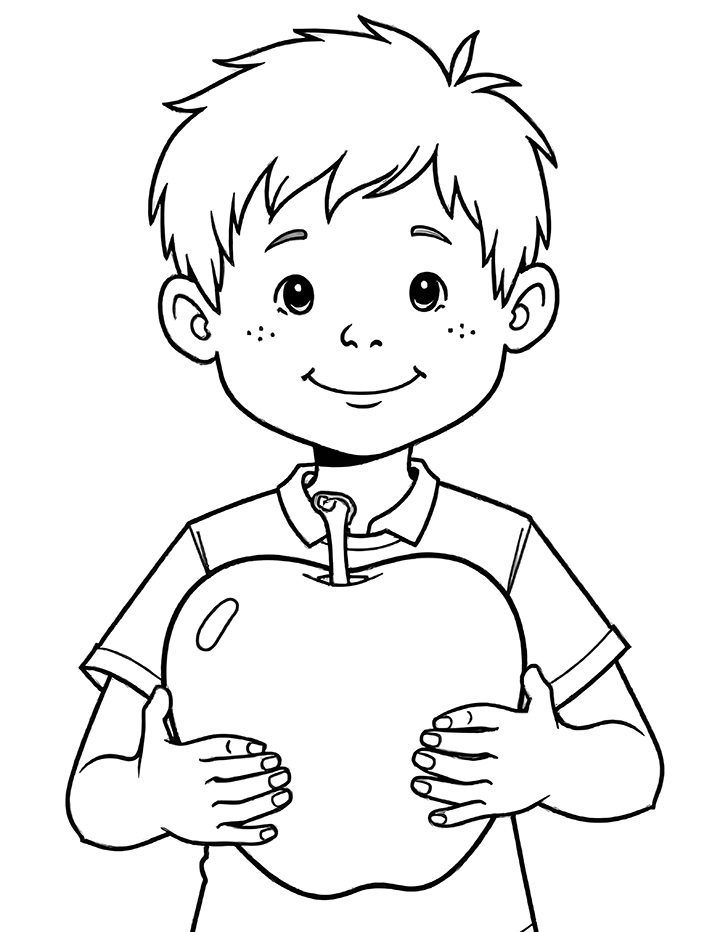 Boy holding an super big apple coloring page