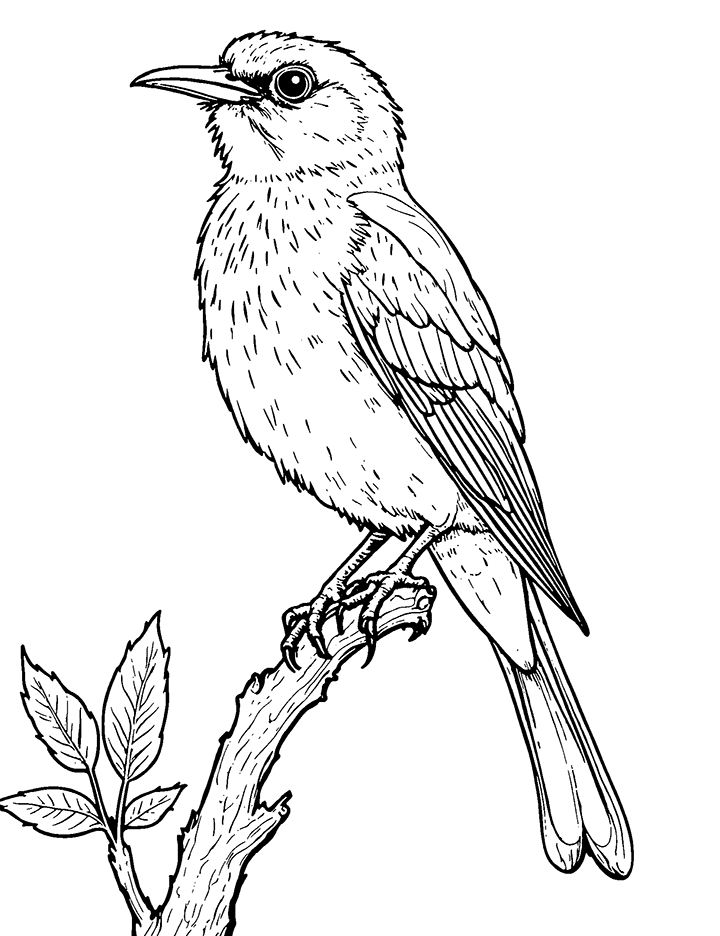 Brown thrasher bird sitting on branch coloring page