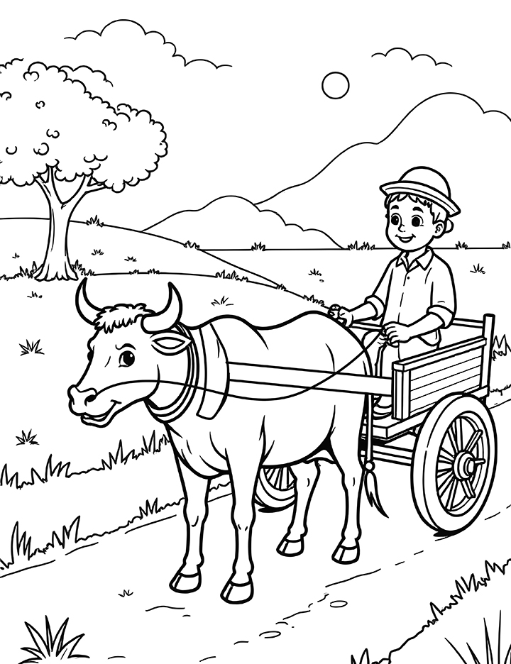 Bullock cart with happy villager coloring page