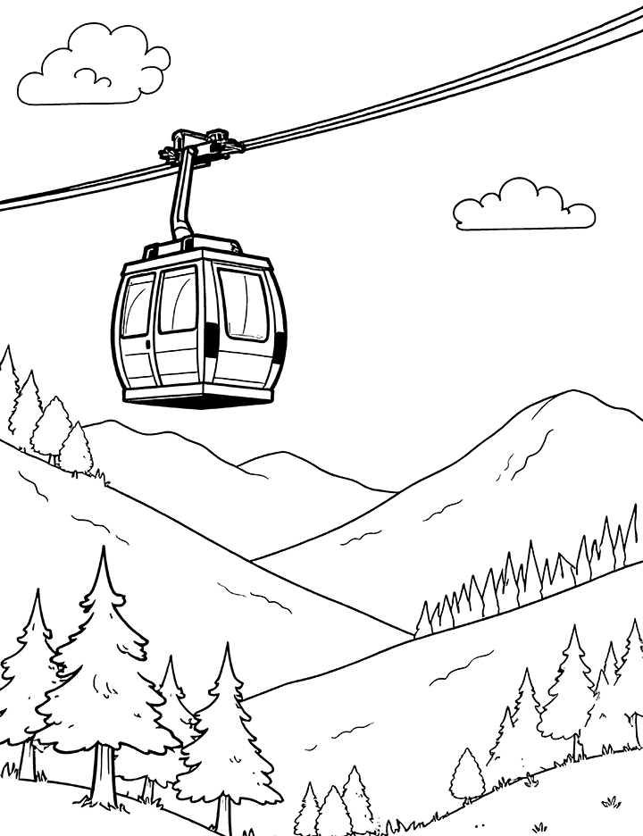 Cable car above a valley coloring page