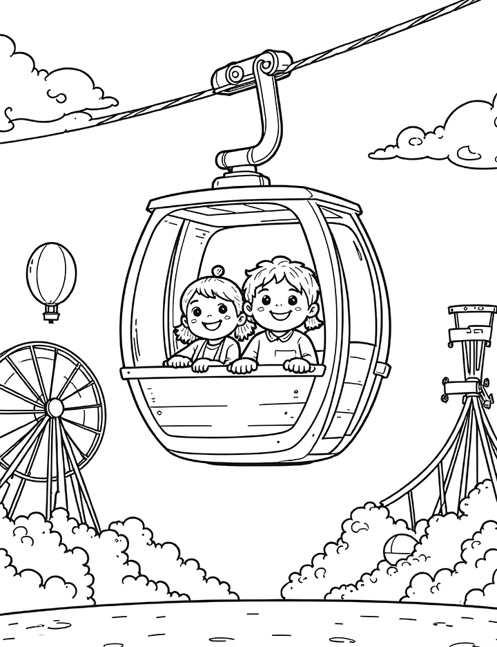 Cable car at an amusement park coloring page 1