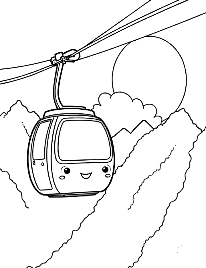 Cable car during sunset coloring page 1