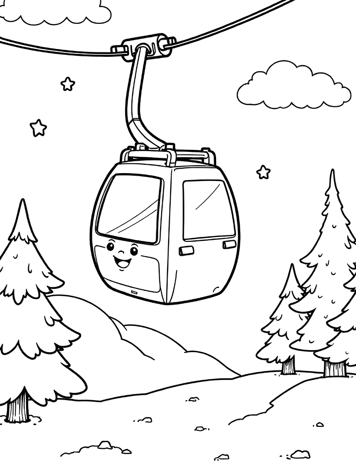 Cable car on a snowy day coloring page 2