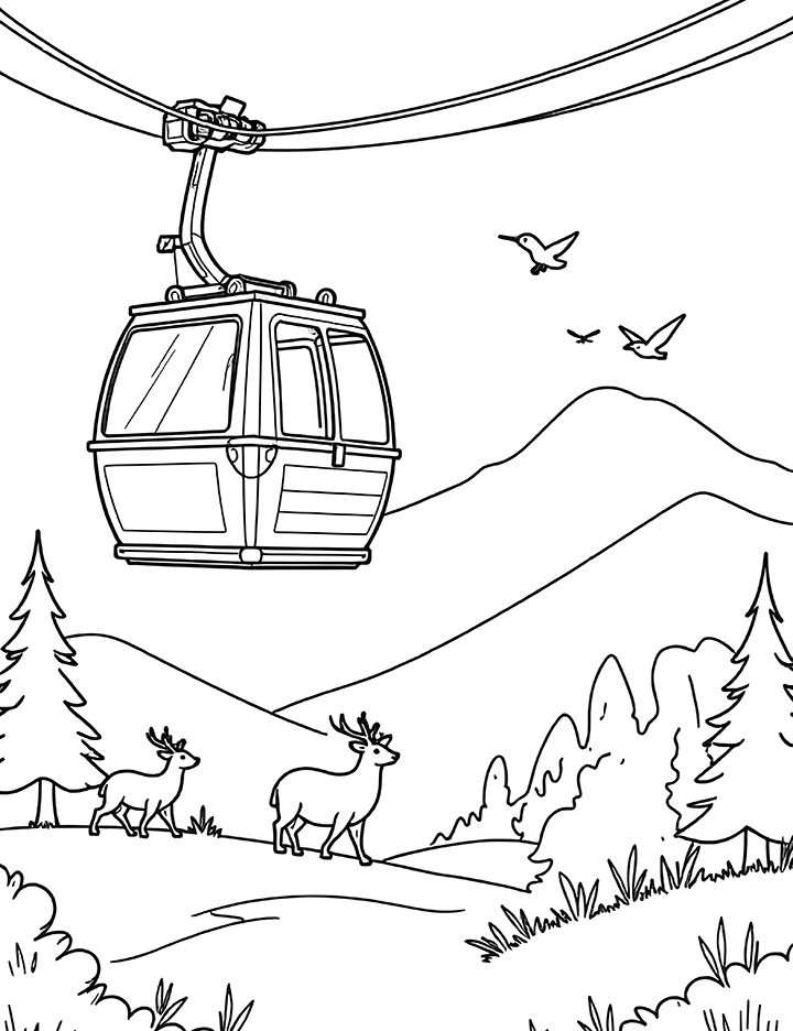 Cable car ride with a view of wildlife coloring page