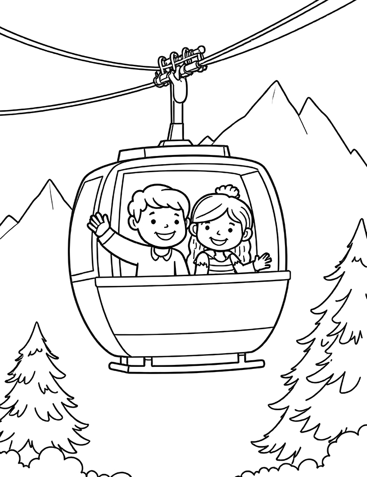 Cable car with a happy family coloring page