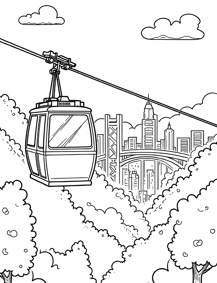 Cable car with a view of the city coloring page