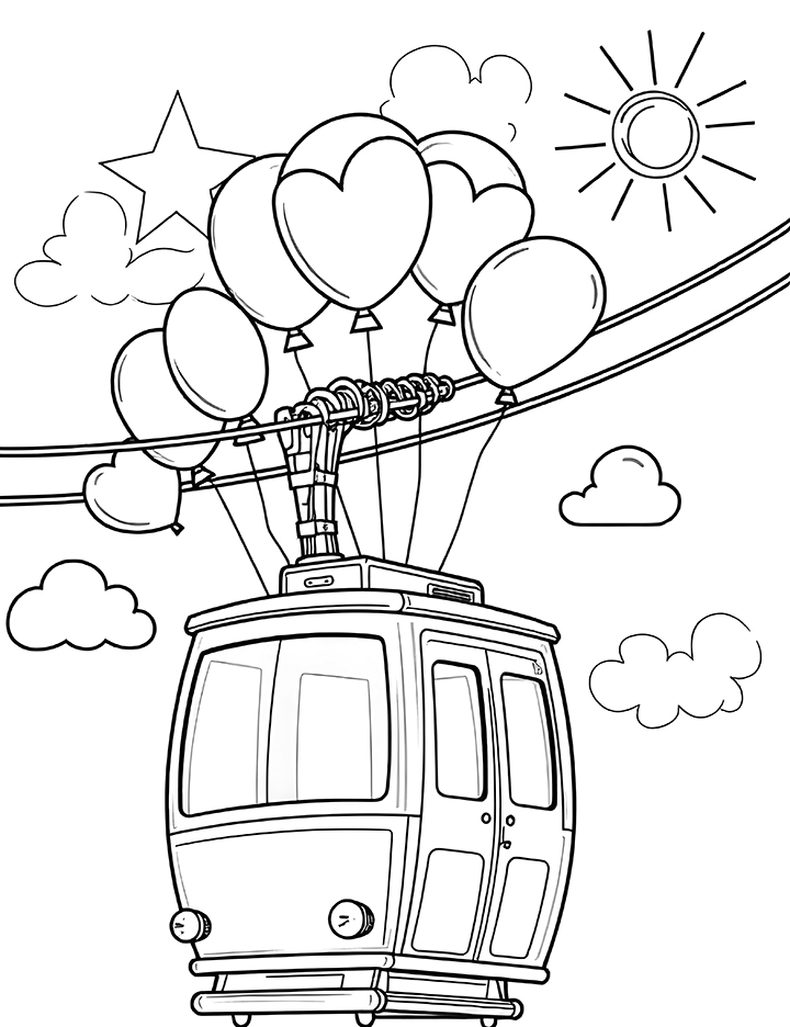 Cable car with colorful balloons coloring page 1