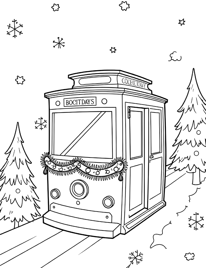 Cable car with holiday decorations coloring page