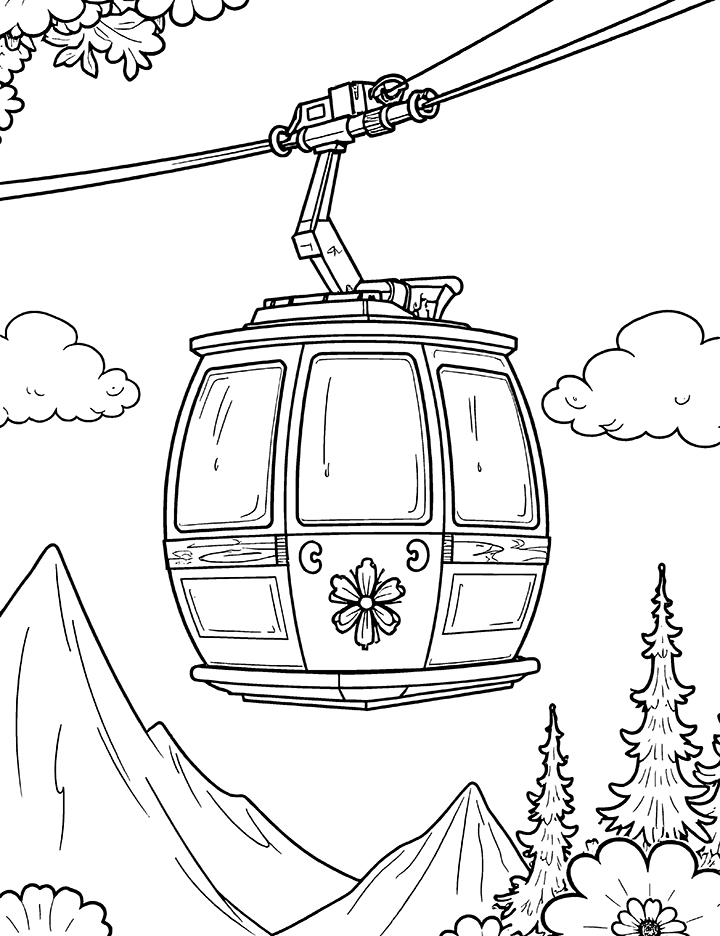 Cable car with traditional decorations coloring page 1