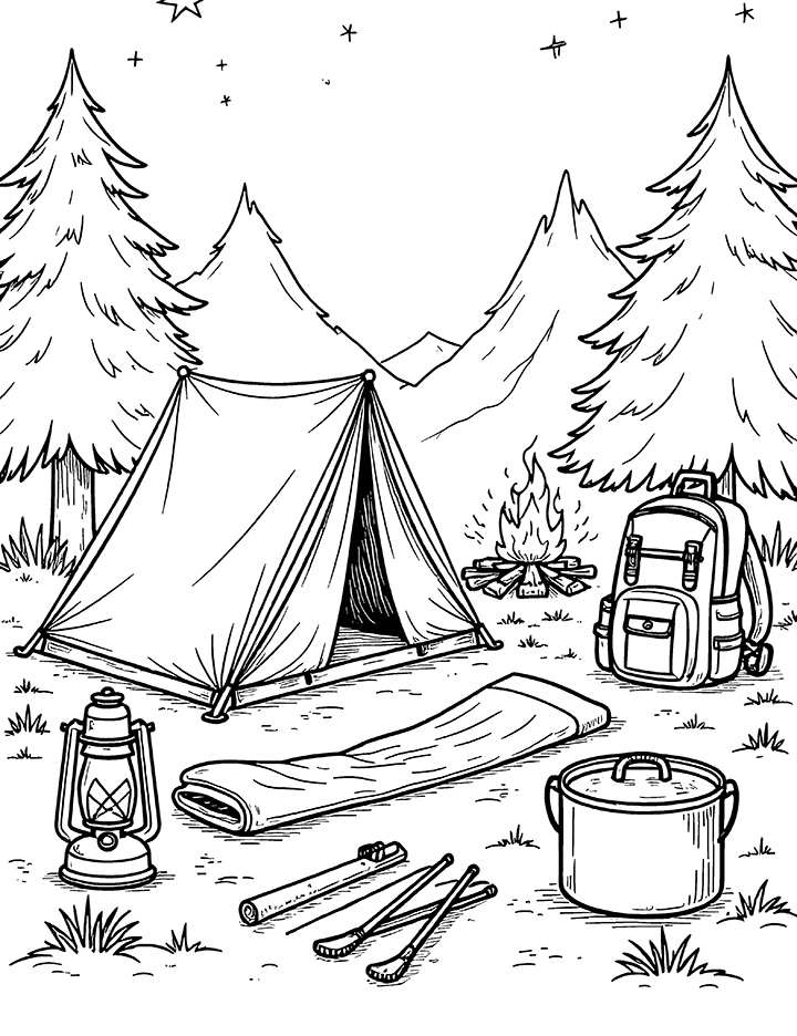 Camping gear coloring page