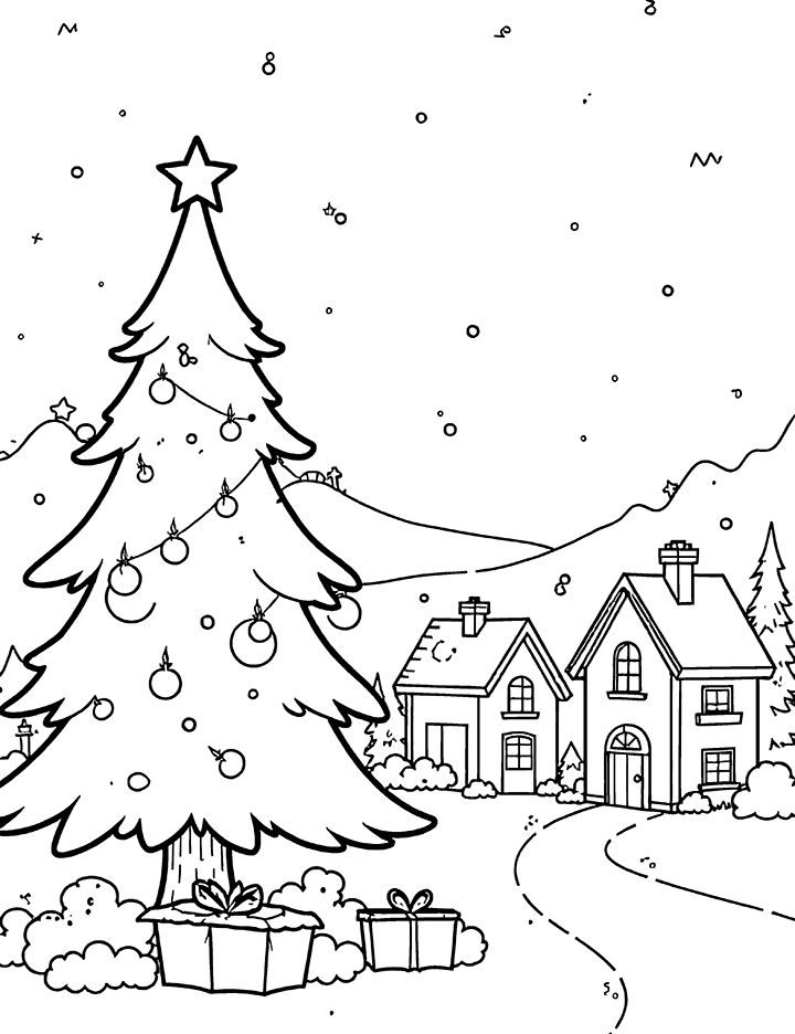 Christmas tree in a village coloring page