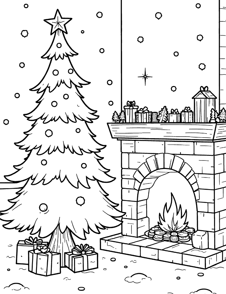 Christmas tree and fireplace coloring page