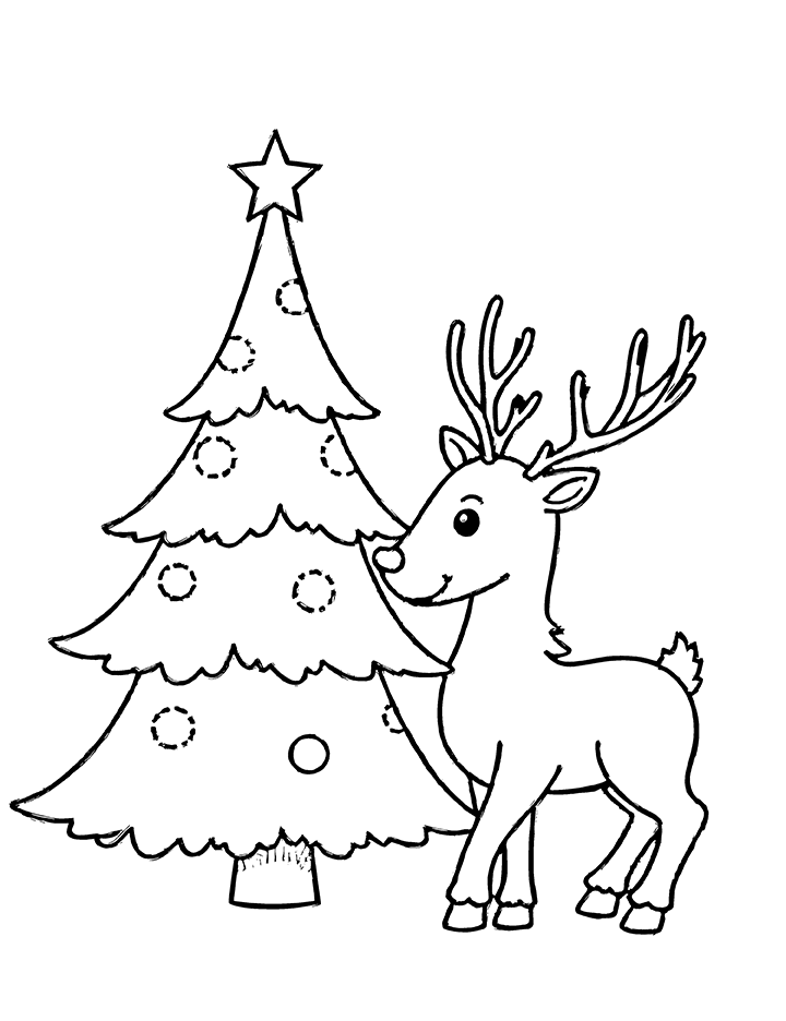 Christmas tree and reindeer coloring page