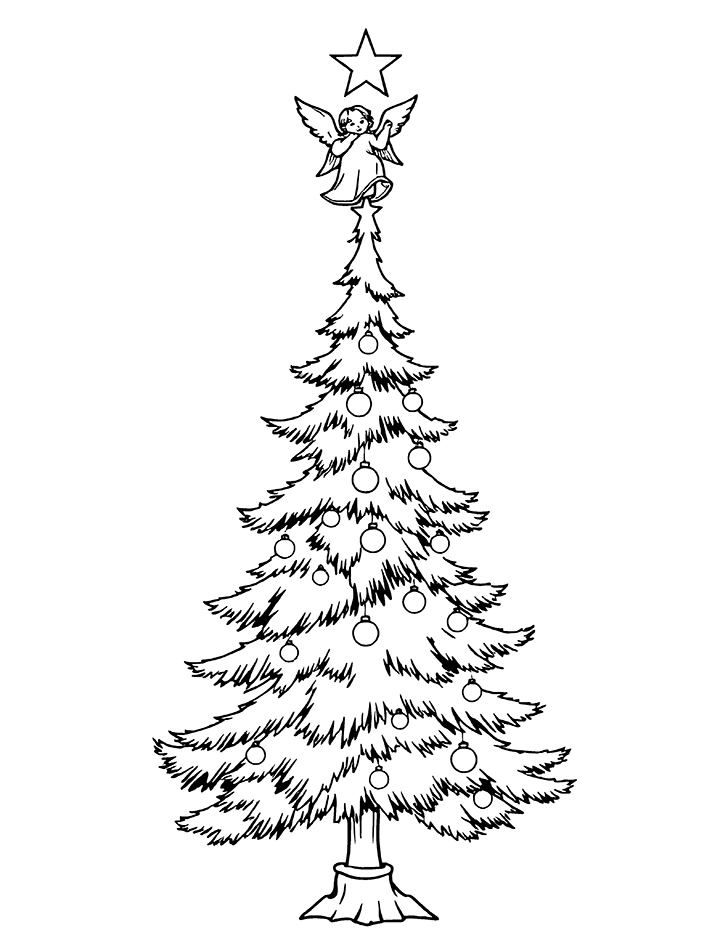 Christmas tree with angel coloring page