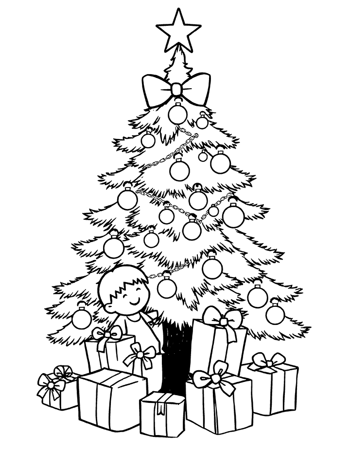 Kid with Christmas tree coloring page