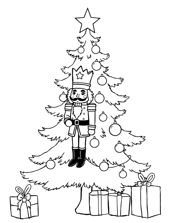 Christmas tree with nutcracker coloring page