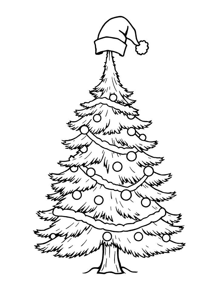 Christmas tree with Santa cap coloring page