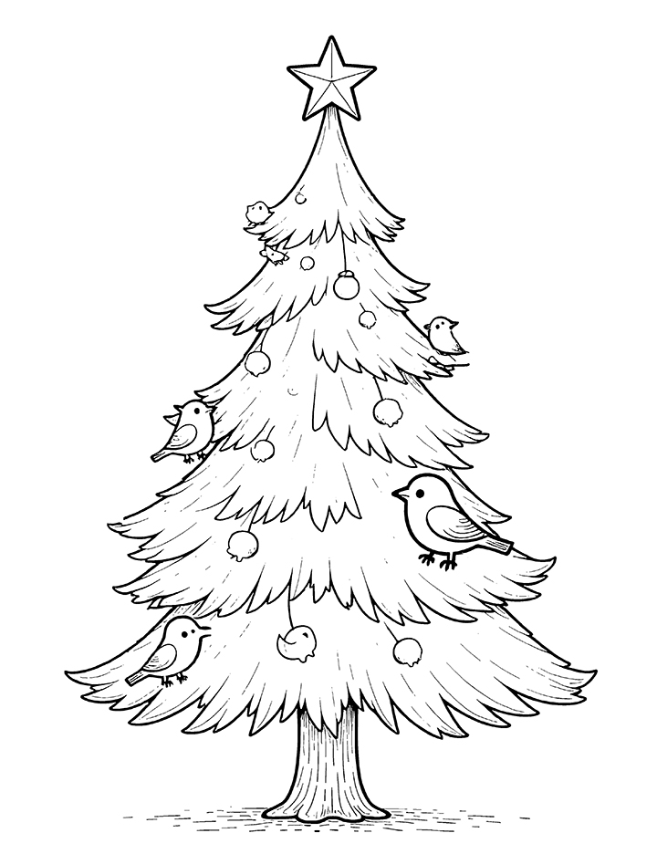 Christmas tree with birds coloring page