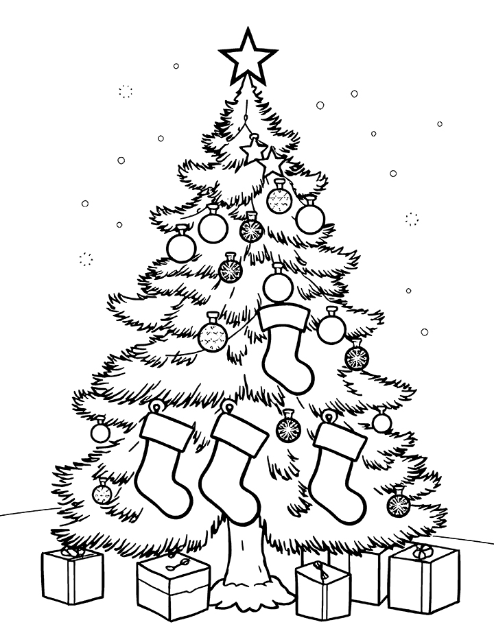 Christmas tree with stocking coloring page