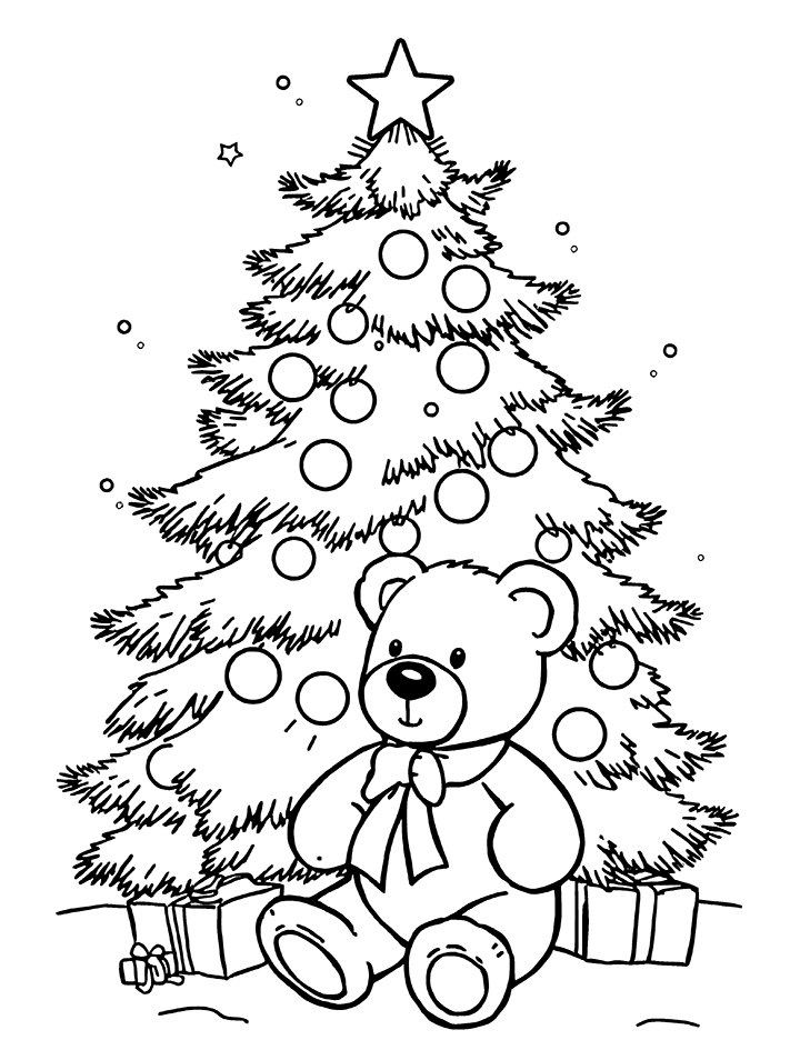 Christmas tree with teddy bear coloring page