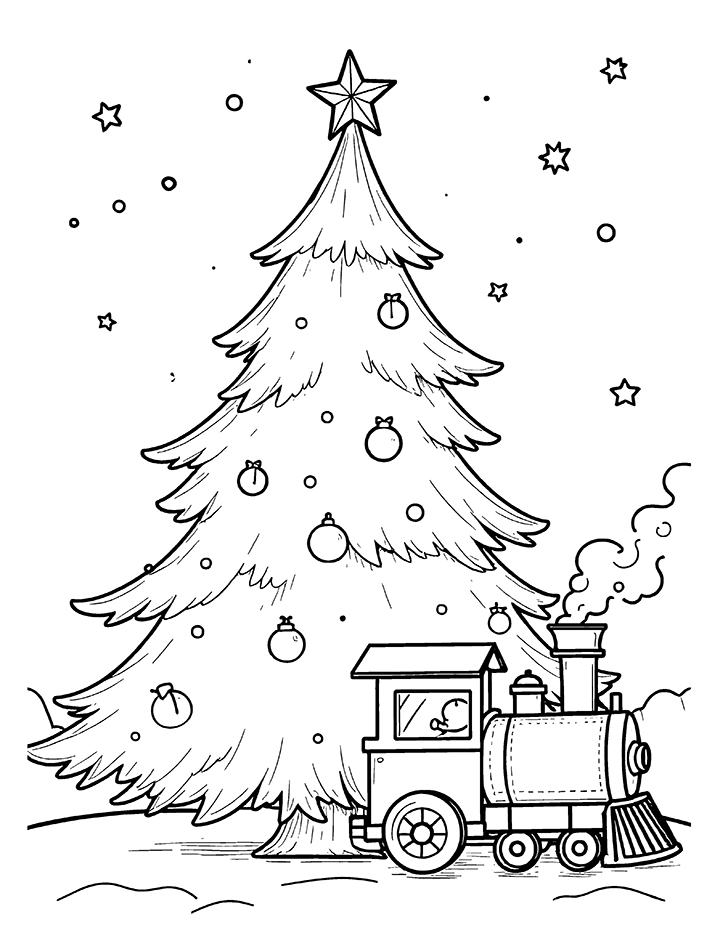 Christmas tree with toy train coloring page