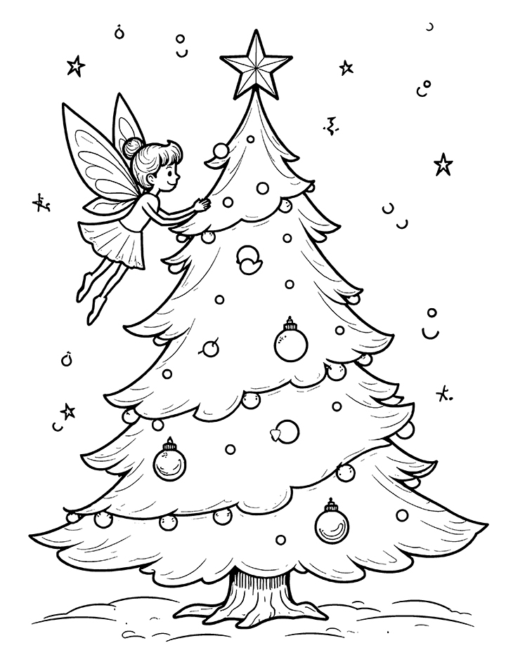 Christmas tree with twinkling fairy coloring page