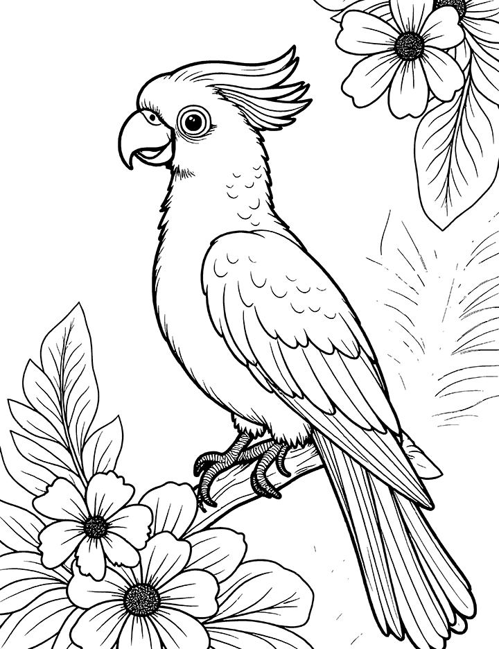 Cockatoo and tropical flowers coloring page