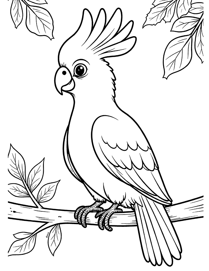 Cockatoo bird and leaves coloring page