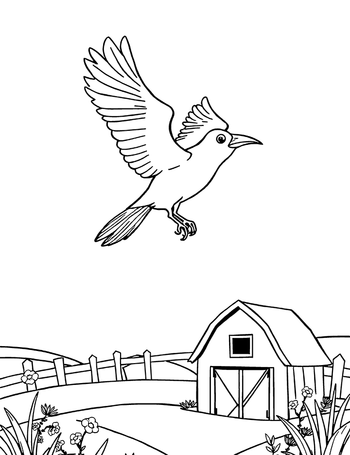 Crow flying over a farm coloring page