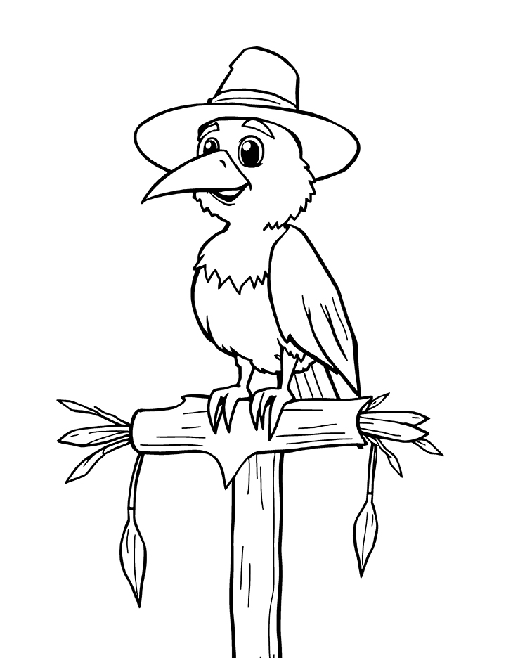 Crow wearing a hat coloring page