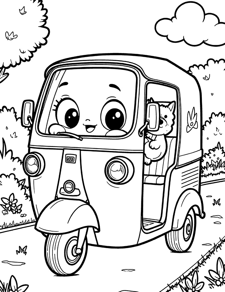 Cute auto rickshaw coloring page