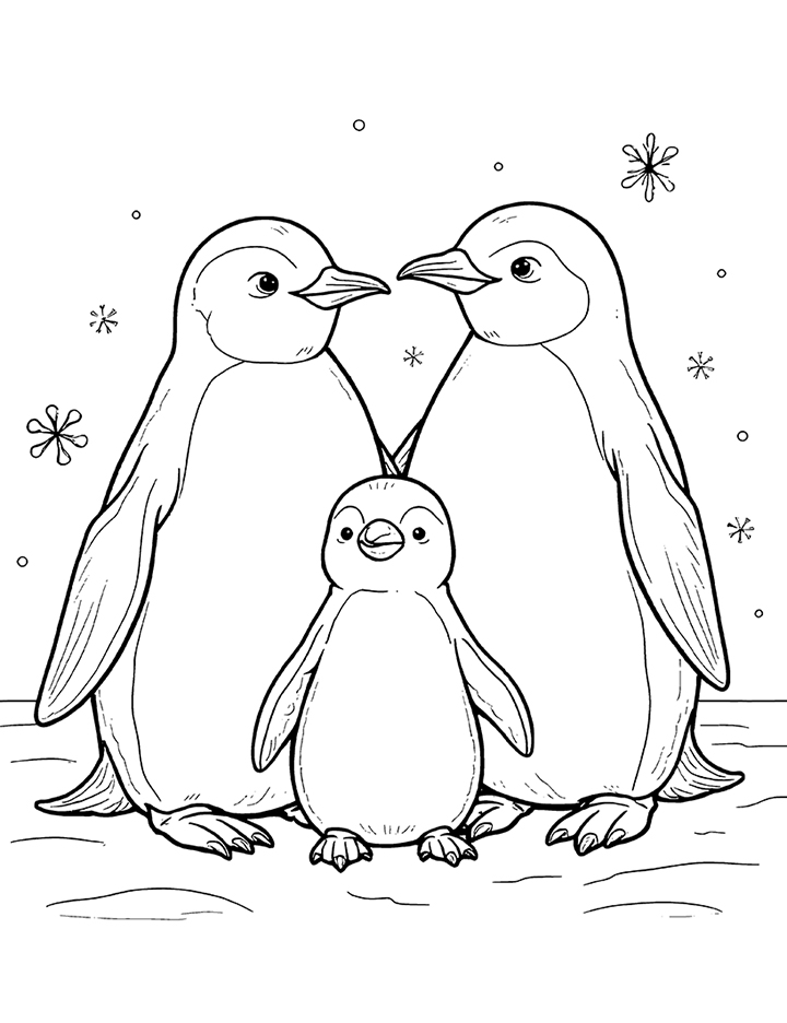 Penguin family coloring page