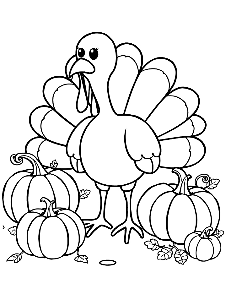 Cute turkey and pumpkins coloring page