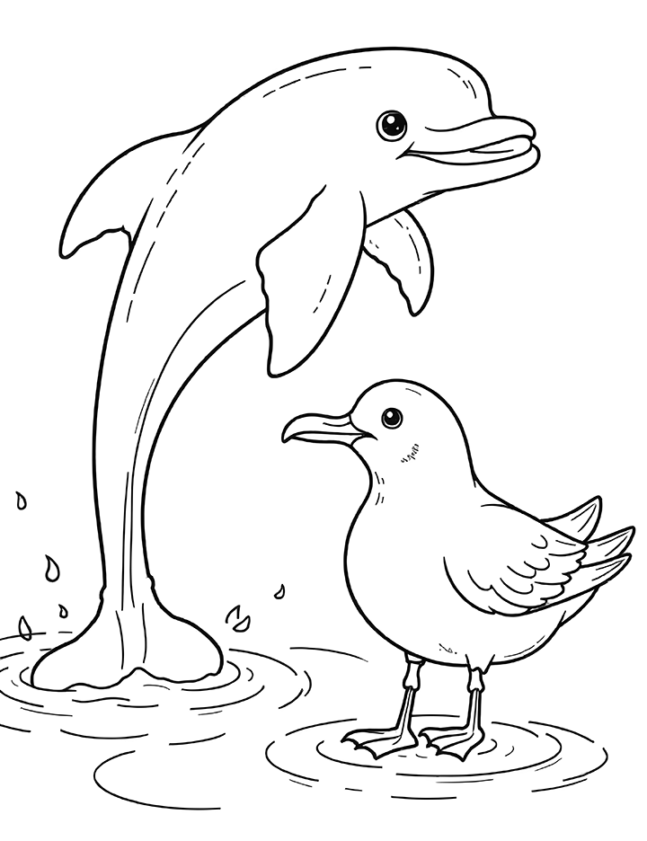 Dolphin and seagull coloring page