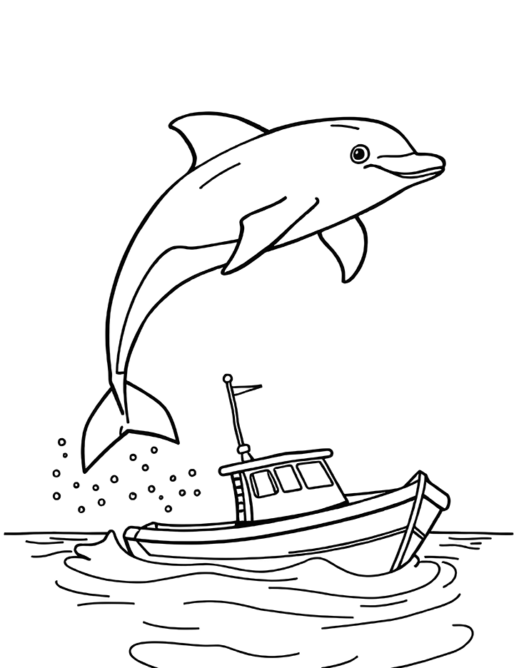 Dolphin jumping over a boat coloring page