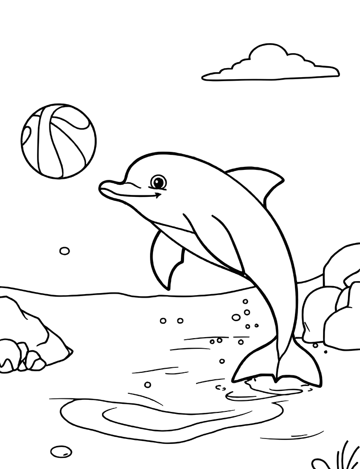 Dolphin playing with a beach ball coloring page