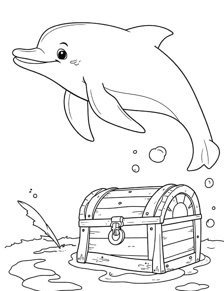 Dolphin with a treasure chest coloring page