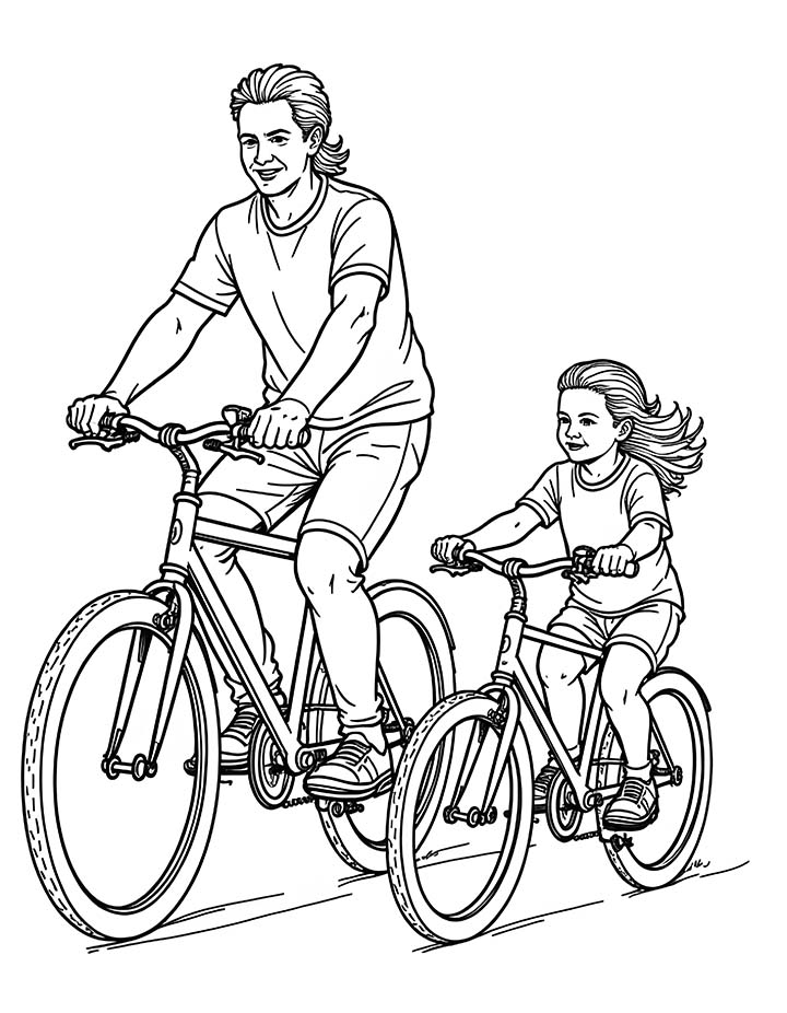 Family on bicycles coloring page