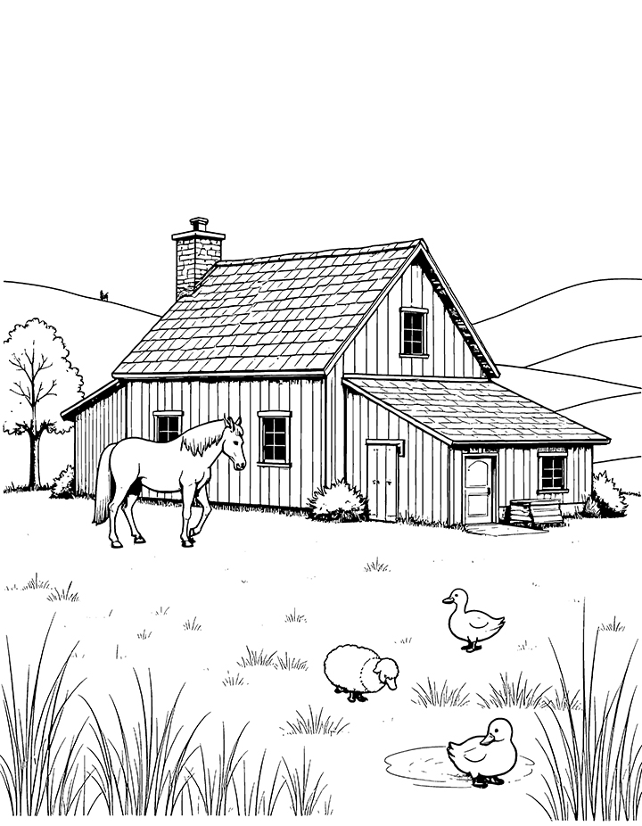 Farmhouse with animals coloring page