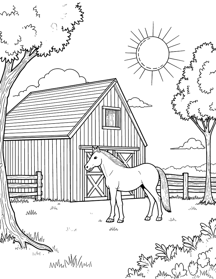 Farmhouse with horse coloring page