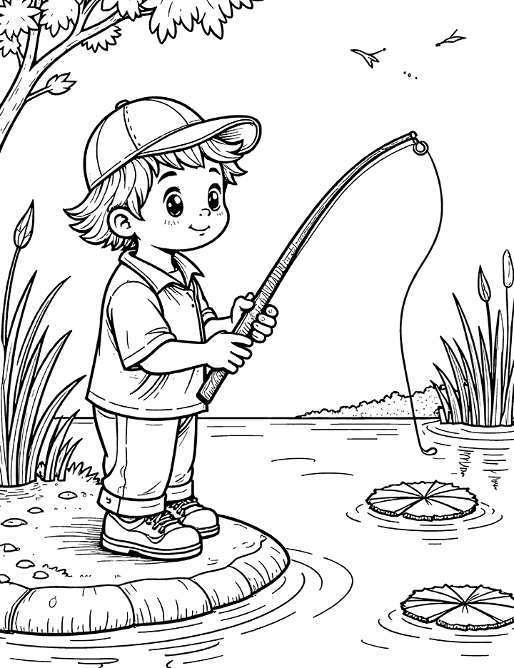 Fishing with fishing rod coloring page