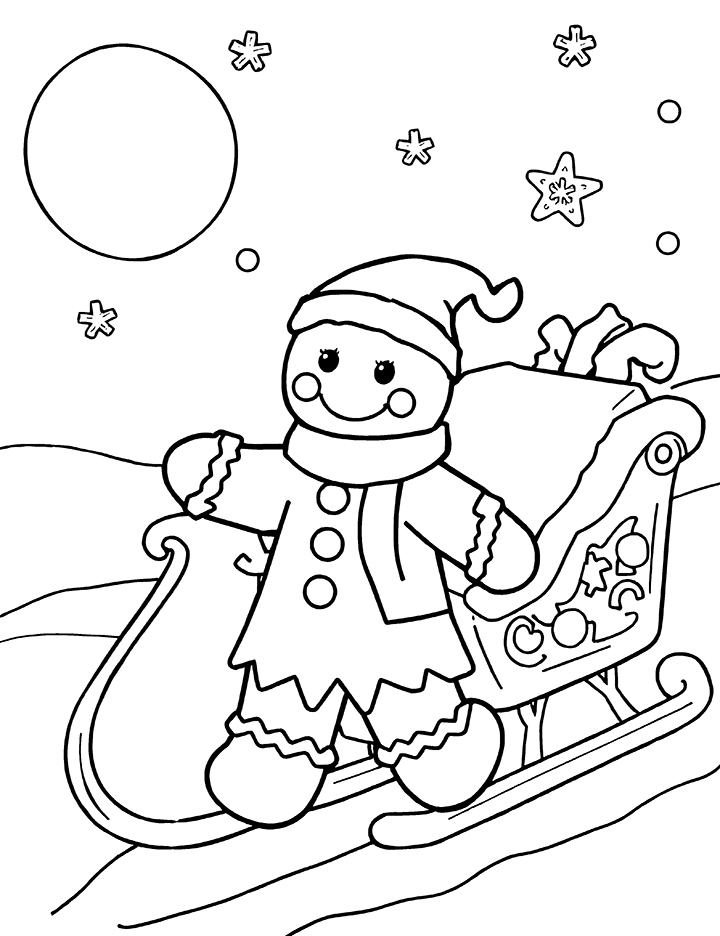 Gingerbread man with a sleigh coloring page