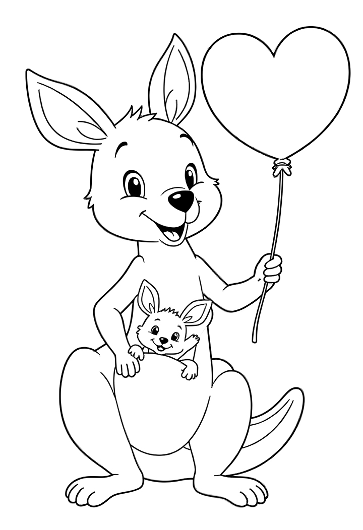 Happy kangaroo with heart shaped balloon coloring page