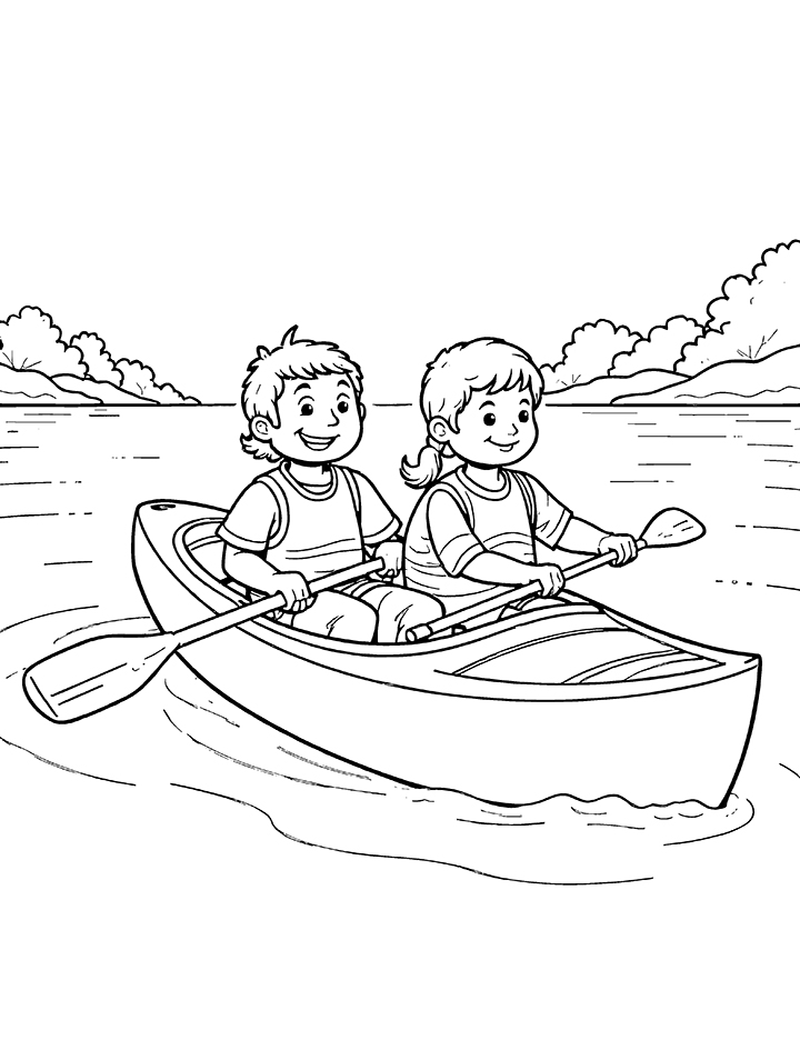 Happy kids in kayak coloring page