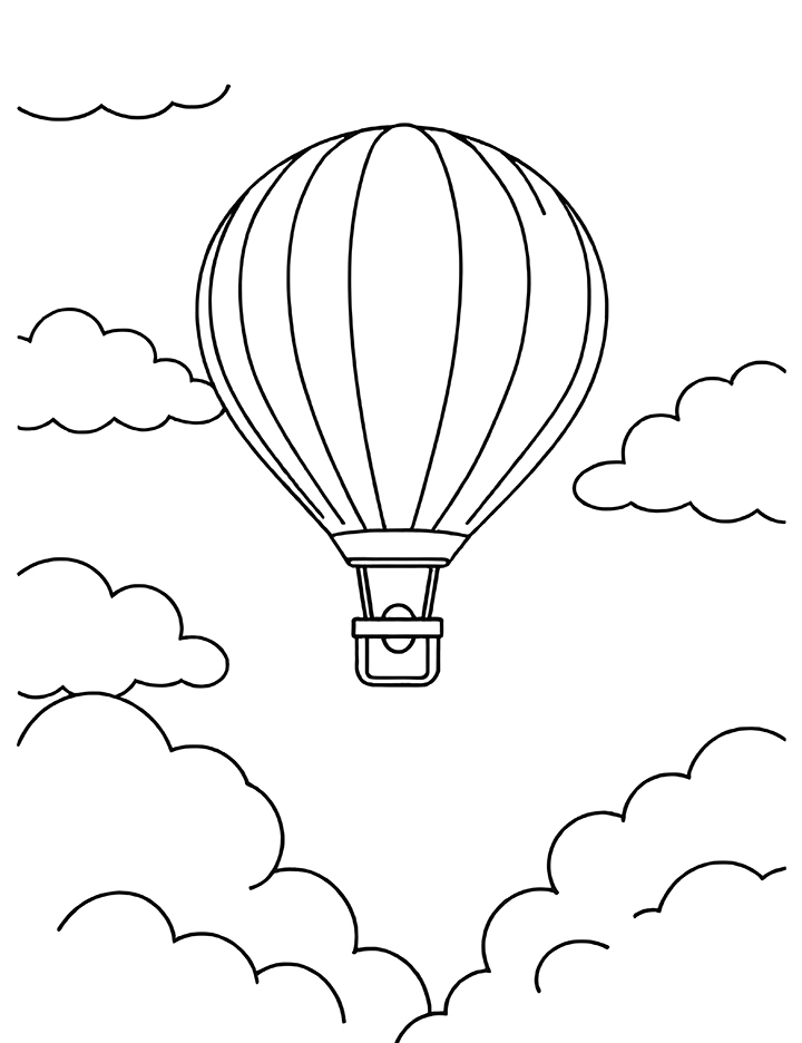 Hot air balloon with clouds coloring page