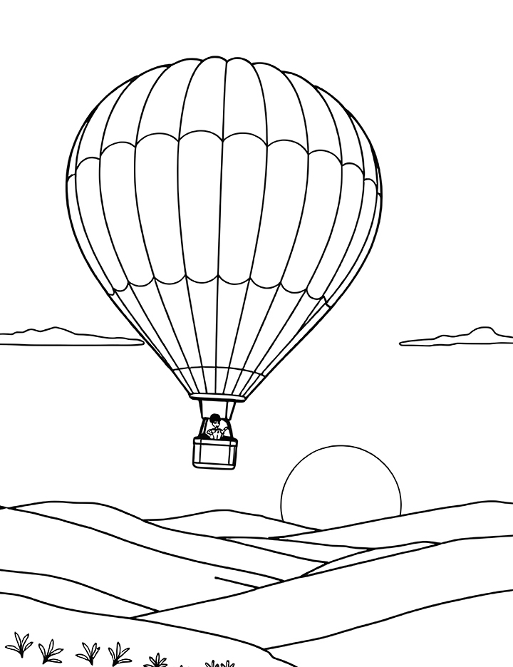 Hot air balloon with a sunset coloring page