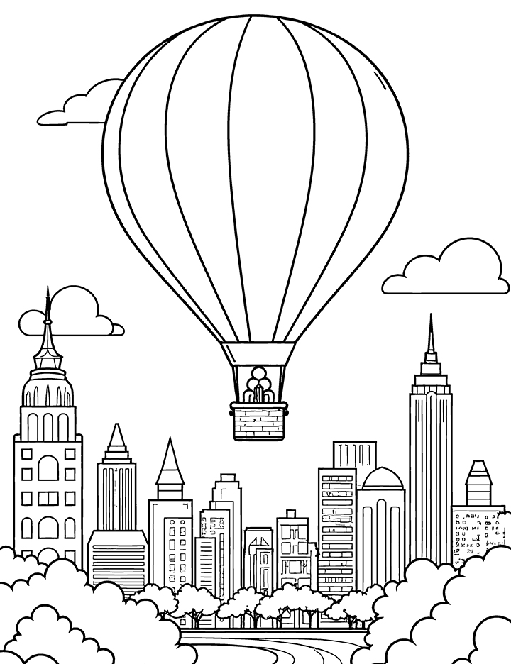 Hot air balloon and a city skyline coloring page