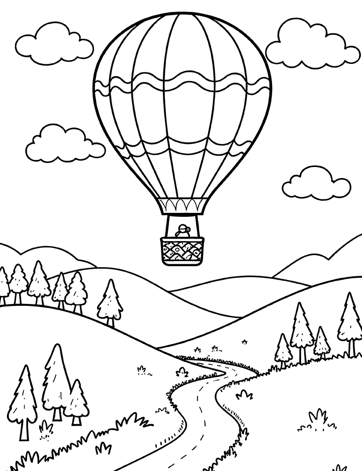 Hot air balloon and landscape coloring page